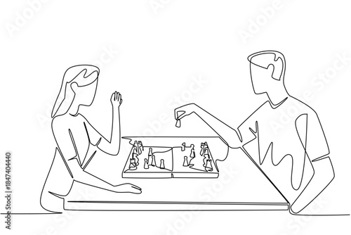 Continuous line drawing illustration of a young man and woman playing chess at a table, symbolizing International Tabletop Day with a social connection and leisure activity concept.