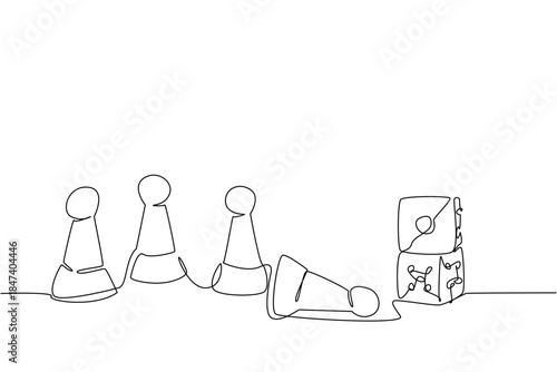 A continuous line drawing of board game pawns with dice, emphasizing strategic play and family fun. This minimal art represents entertainment concept for International Tabletop Day celebration.