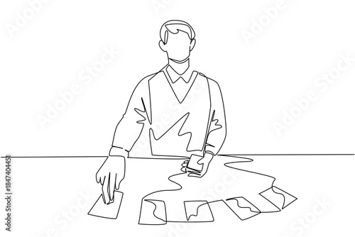 Single line drawing of a man playing tabletop card games, symbolizing creativity and entertainment. This artwork highlights business concept and celebrates International Tabletop Day event.