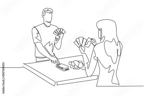 One line drawing of a couple playing card games at a table, symbolizing strategy, bonding, and fun. This flat minimalist art focuses on entertainment concept for International Tabletop Day.