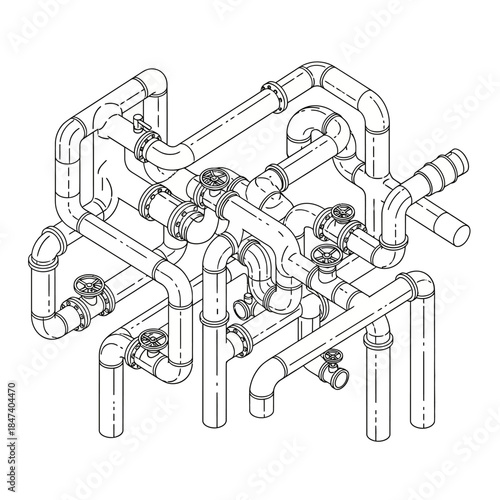 Complex network of interconnected pipes and valves in a detailed technical drawing.