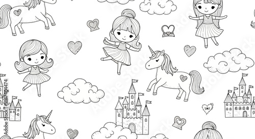 Whimsical illustration of fairies and unicorns in a fairytale world.