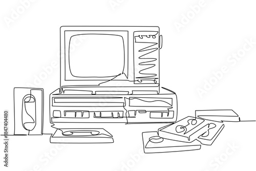 Continuous line drawing of a VCR player with monitor and VHS tapes, capturing old technology nostalgia. This industry concept design celebrates National VCR Day as an international event.