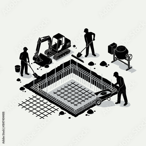 Construction site with workers, excavator, and cement mixer preparing foundation.