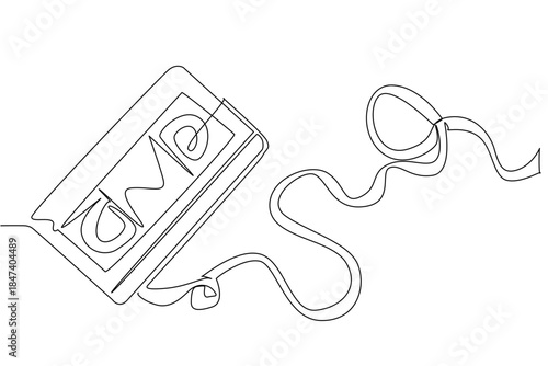 Single line drawing of a tangled VHS tape unraveling from its cassette, symbolizing retro media and nostalgia. This design concept highlights National VCR Day as an international event celebration.