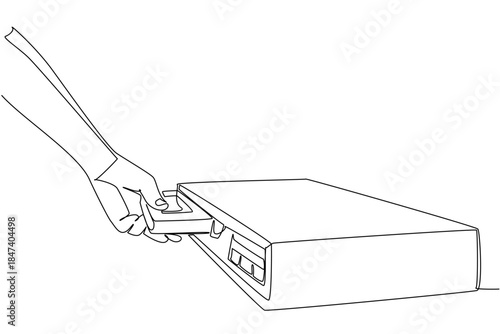 Single line drawing of a VHS cassette being inserted into a VCR player, representing analog technology nostalgia. This industry concept artwork highlights National VCR Day as an international event.