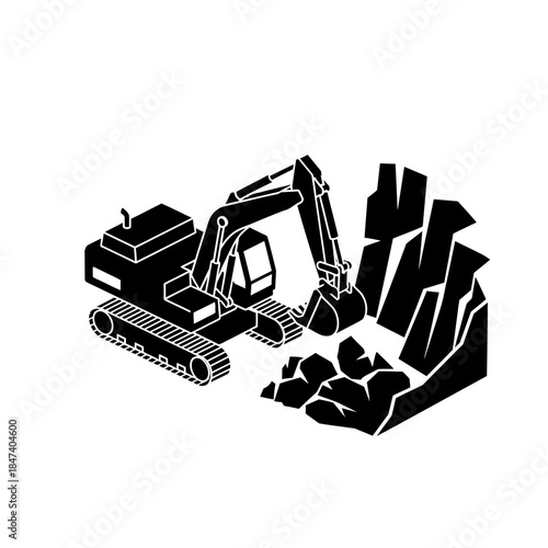 Heavy-duty excavator digging into a pile of rocks and dirt.