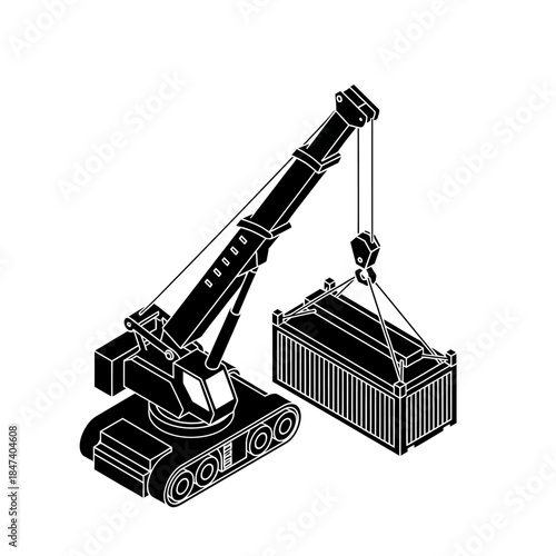Heavy-duty crawler crane lifting a shipping container, industrial machinery at work.