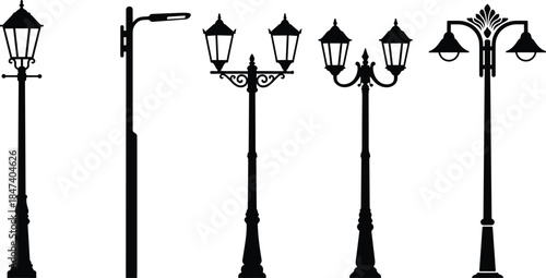 Street lamp silhouettes collection featuring vintage lantern posts and modern streetlights decorative urban lighting flat vector illustration isolated