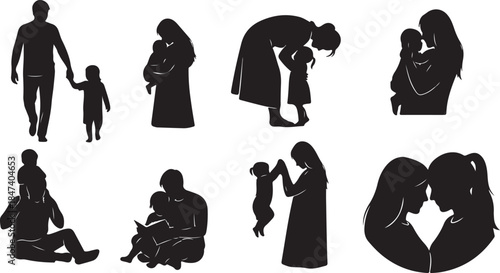Family love and parenting moments silhouette icons