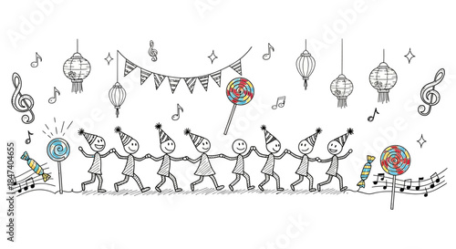 Joyful group of cartoon characters celebrating with candy and music.