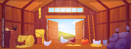 Wooden barn interior, vector cartoon haystack, chicken coop, crop bags, garden tools, farming rural building