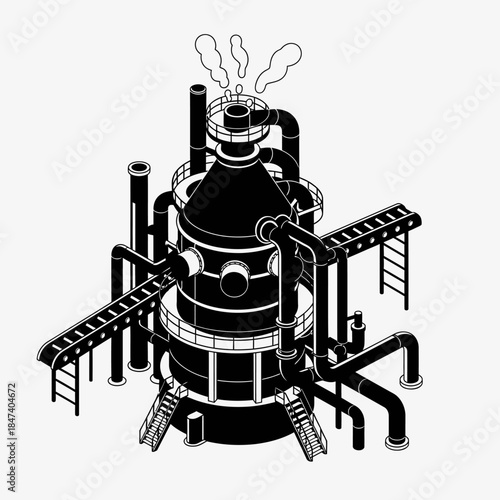 Industrial factory building with smoke stacks and pipes.