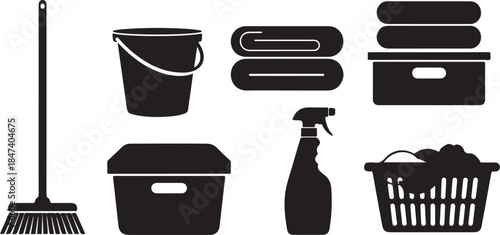 Household cleaning and laundry supplies icon set