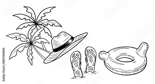 Summer Beach Vacation Essentials Palm Trees Hat Flip Flops and Swim Ring.