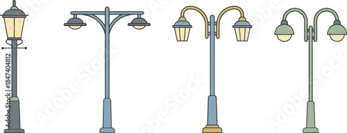 Colorful street lamp illustrations set featuring vintage and modern outdoor light posts decorative urban lighting flat vector design isolated