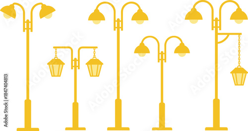 Yellow street lamp flat icons set featuring decorative double head lantern posts and modern urban outdoor lighting isolated