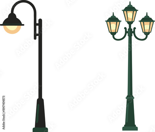 Vintage and modern street lamp illustrations featuring classic lantern post and triple head outdoor lighting flat vector isolated