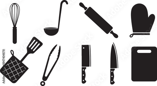 Collection of black kitchen utensil icons set