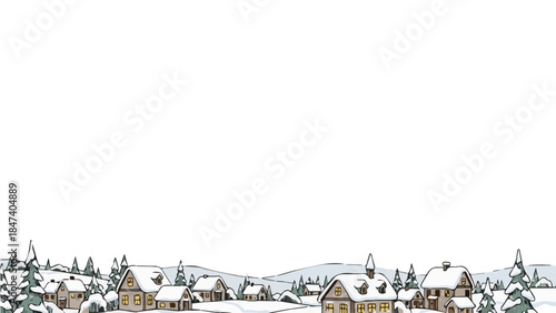 Charming hand-drawn illustration of a cozy winter village scene, featuring snow-covered houses with warm glowing windows and frosted pine trees under a clear sky