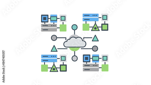 Cloud computing diagram connecting four groups of server racks and abstract shapes