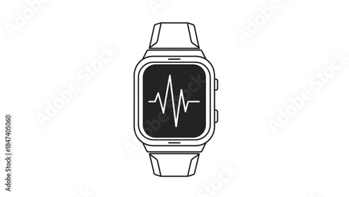 Outline drawing of a smartwatch displaying a heart rate graph