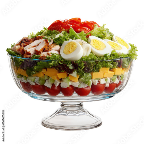 Colorful layered salad in a glass bowl with fresh ingredients. or transparent background