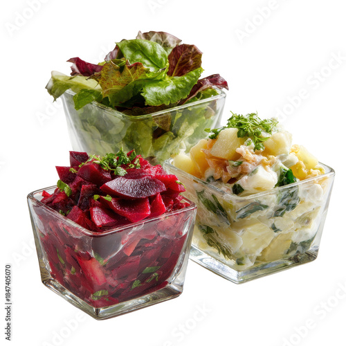 Colorful salads in glass bowls, showcasing fresh ingredients. or transparent background