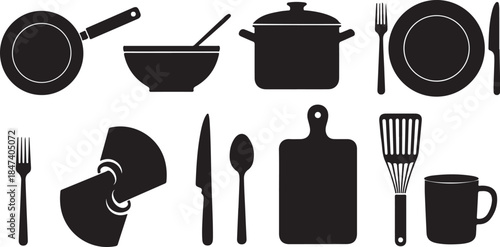 Kitchen utensil and dishware black silhouette icons