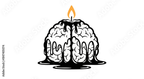 Conceptual illustration of a burning brain as a melting candle, symbolizing mental exhaustion and burnout from intense thinking.
