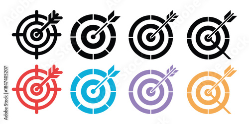 Target Hit Arrow Icon Set, Goal Achieved, Bullseye in Multiple Colors, on White