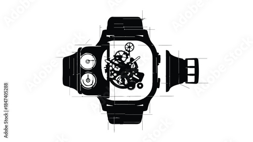 Smartwatch with exposed mechanical inner workings on white background, showcasing modern technology and innovative design