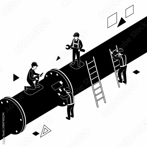 Isometric illustration of workers repairing a large pipeline.