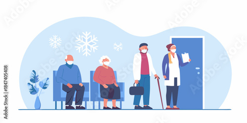 People waiting in a medical clinic during winter wearing face masks