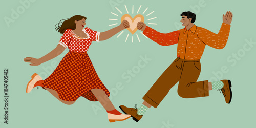 Joyful couple celebrates connection with a shared heart in a vibrant illustration