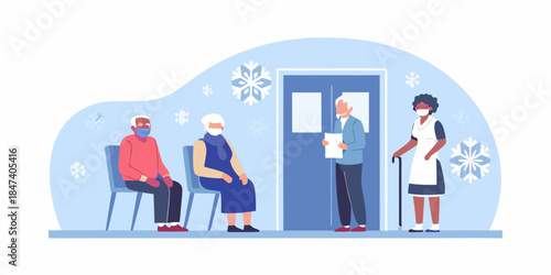Senior citizens waiting in a hospital hallway with a healthcare worker