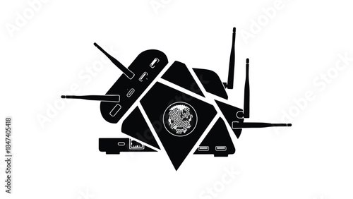 Broken hacked Wi-Fi router with cracked screen and scattered objects around it illustrating cybersecurity failure and technology vulnerability