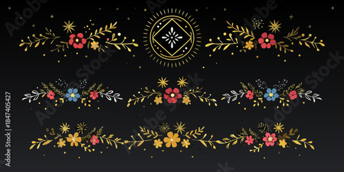 Floral arrangements and botanical elements on a dark sparkling background