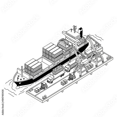 Isometric view of a cargo ship being loaded at a busy port.