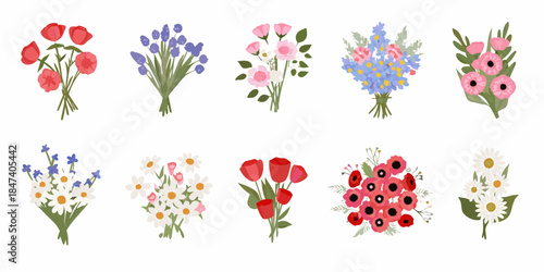 Collection of watercolor floral bouquets in varying colors and arrangements