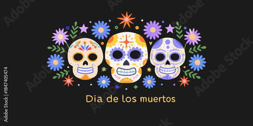 Colorful sugar skulls and floral decorations celebrate the day of the dead