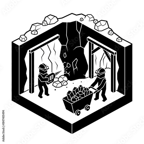 Miners working in a mine shaft with tools and ore cart.