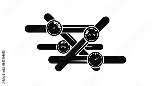 Calm zen airplane propeller with clock faces in black and white minimalist illustration for peace and relaxation concept