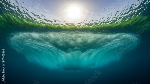 Fototapeta Naklejka Na Ścianę i Meble -  Underwater perspective looking up at a breaking wave, with sunlight filtering through the green water and seaweed, creating a magical scene.