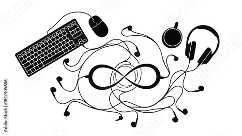 Black and white illustration of tangled computer cables and peripherals with infinity symbol representing complex technology and connectivity issues in modern workspace