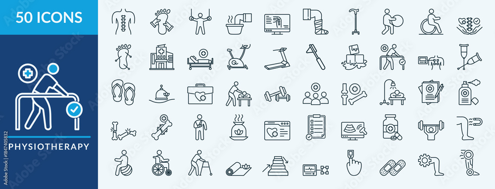 Fototapeta premium Editable 50 physiotherapy icons for web and mobile. Set of physiotherapy included icons line rehabilitation, foot massage, gymnastics, exercise ball, massage