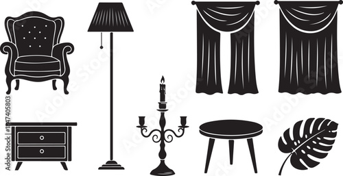 Vintage home decor silhouette set for interior design