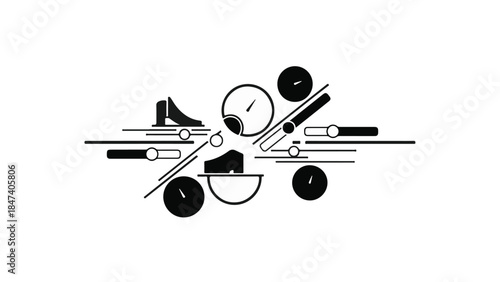 Sports equipment illustration with tennis racket baseball bat bowling pin and other gear in creative modern design