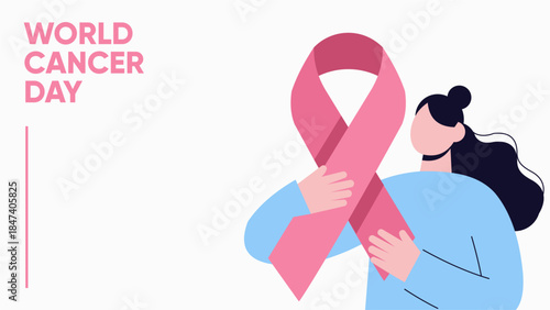 World Cancer Day Awareness Illustration with Person Raising Cancer Ribbon