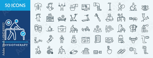 Editable 50 physiotherapy icons for web and mobile. Set of physiotherapy included icons line rehabilitation, foot massage, gymnastics, exercise ball, massage